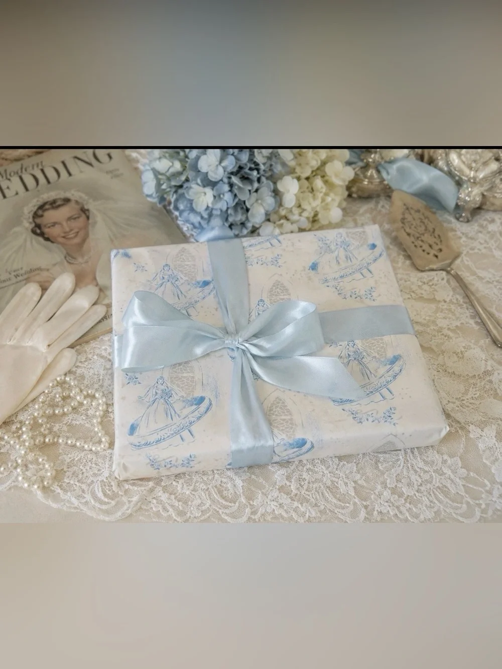 Vtg Blue White Bridal Shower Gift Wrap 1950s Wedding Paper Sealed  Romantic